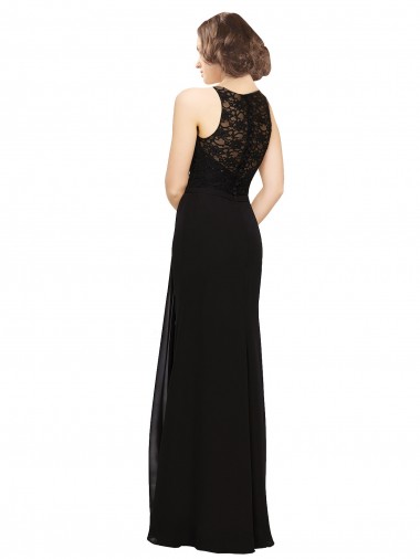 Noir Fourreau Col Haut Mousseline Dentelle Longue Robes demoiselle d'honneur