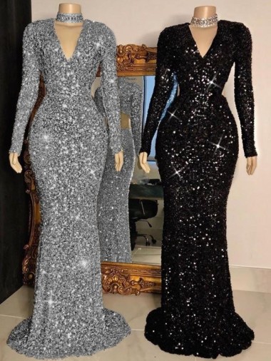 Noir Fourreau Col V Balayage train Paillettes Velours Longue Robes de bal Pas Cher
