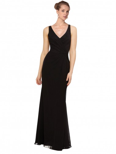 Noir Fourreau Col V Mousseline Longue Robes demoiselle d'honneur Pas Cher