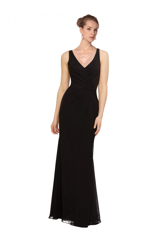 Noir Fourreau Col V Mousseline Longue Robes demoiselle d'honneur Pas Cher