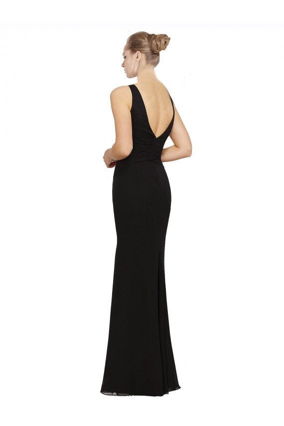 Noir Fourreau Col V Mousseline Longue Robes demoiselle d'honneur Pas Cher