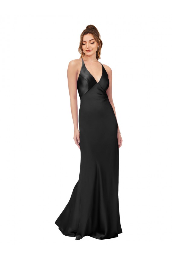 Noir Fourreau Col V Satiné Soyeux Longue Formelles Robes demoiselle d'honneur / Robes de soirée / Robes de bal Pas Cher
