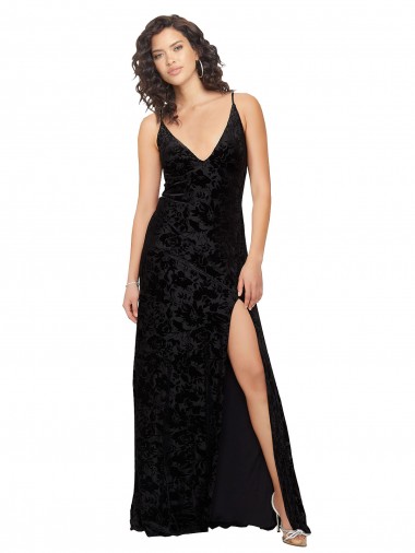 Noir Fourreau Col V Velours Floral Velours Stretch Longue Robes demoiselle d'honneur Pas Cher