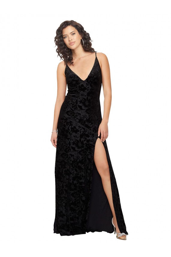 Noir Fourreau Col V Velours Floral Velours Stretch Longue Robes demoiselle d'honneur Pas Cher