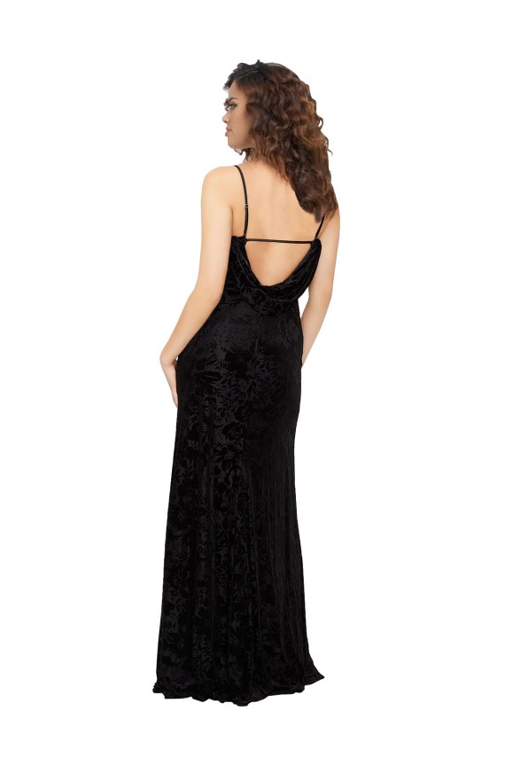 Noir Fourreau Col V Velours Floral Velours Stretch Longue Robes demoiselle d'honneur Pas Cher