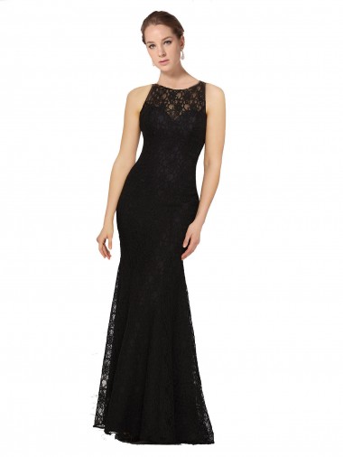 Noir Fourreau Col bijou Dentelle Longue Robes demoiselle d'honneur Pas Cher