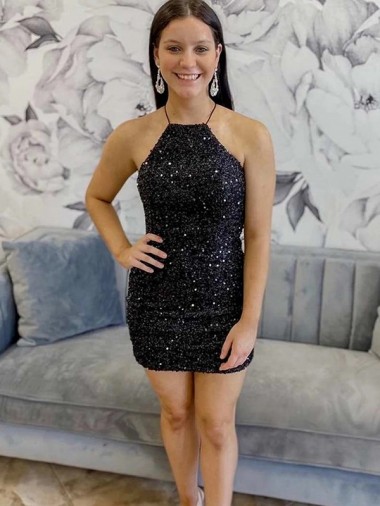 Noir Fourreau Licou Courte Paillettes Velours Courte Robes de bal Pas Cher
