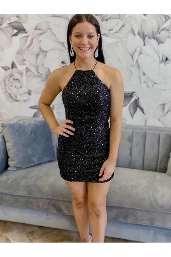 Noir Fourreau Licou Courte Paillettes Velours Courte Robes de bal Pas Cher