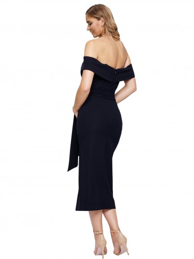 Noir Fourreau Épaule Dénudée Col Carré midi Crêpe Stretch Courte Robes demoiselle d'honneur / Robes de soirée / Robes de cocktail