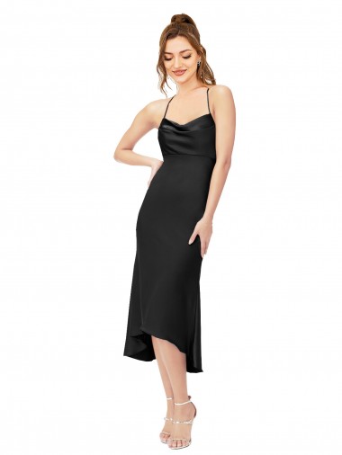 Noir Fourreau midi Satiné Soyeux Courte Asymétrique Robes demoiselle d'honneur / Robes de soirée / Robes de cocktail Pas Cher