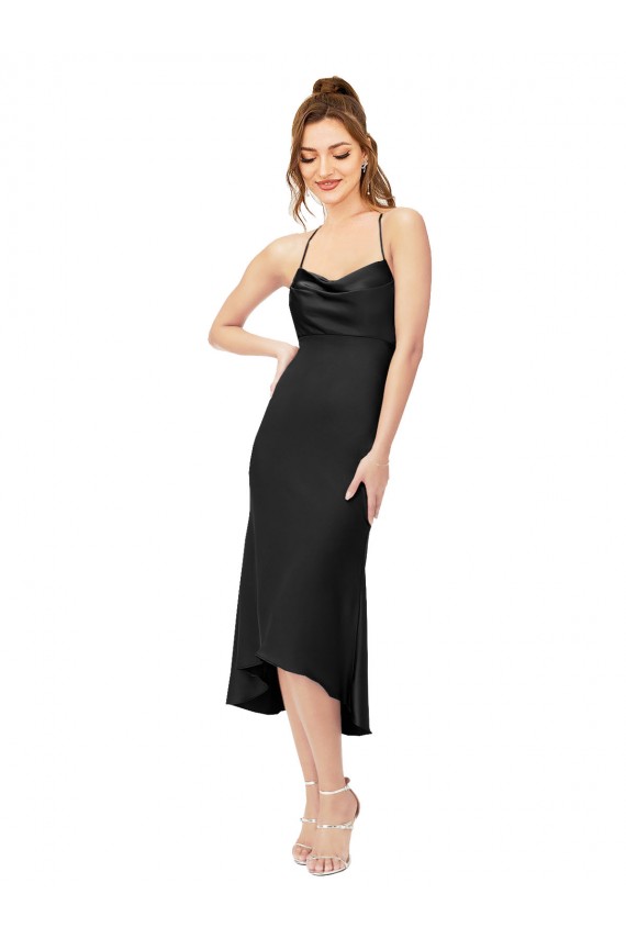 Noir Fourreau midi Satiné Soyeux Courte Asymétrique Robes demoiselle d'honneur / Robes de soirée / Robes de cocktail Pas Cher