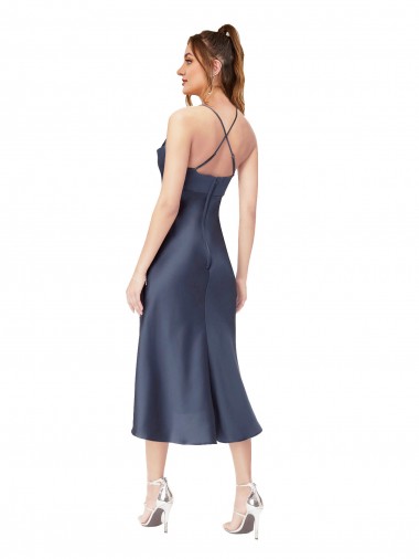 Noir Fourreau midi Satiné Soyeux Courte Asymétrique Robes demoiselle d'honneur / Robes de soirée / Robes de cocktail