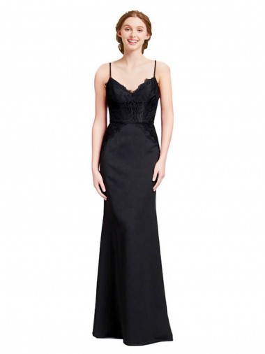 Noir Sirène Bretelles spaghetti Col V Crêpe Stretch Longue Robes demoiselle d'honneur / Robes de bal Pas Cher