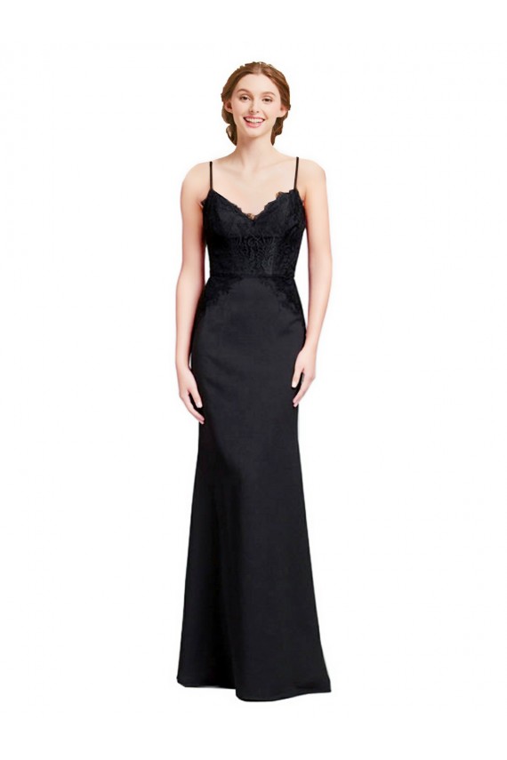 Noir Sirène Bretelles spaghetti Col V Crêpe Stretch Longue Robes demoiselle d'honneur / Robes de bal Pas Cher