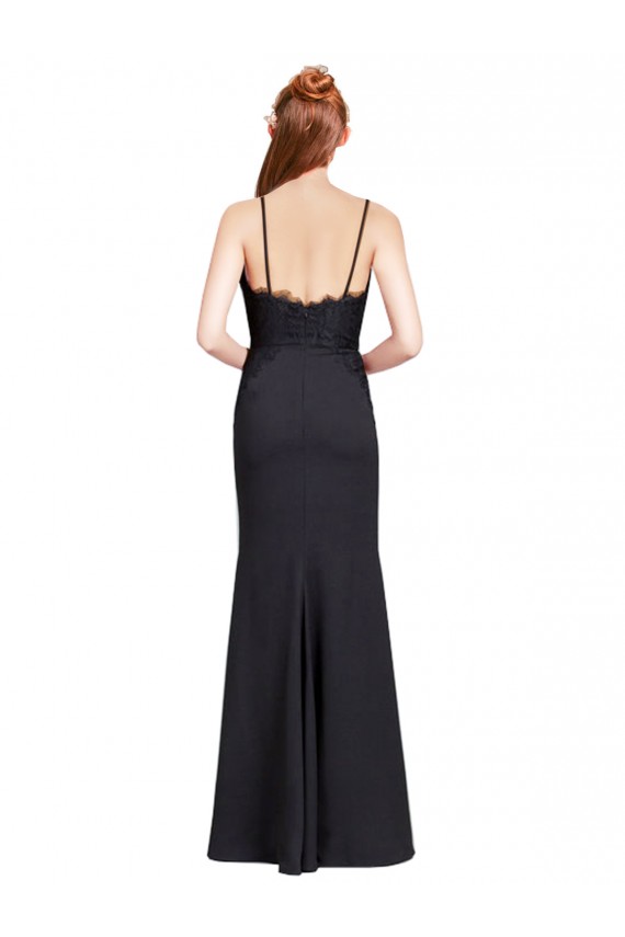 Noir Sirène Bretelles spaghetti Col V Crêpe Stretch Longue Robes demoiselle d'honneur / Robes de bal Pas Cher