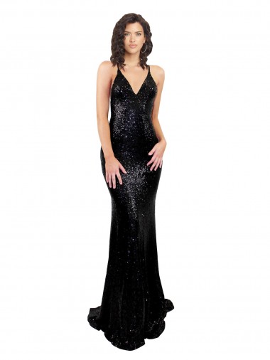 Noir Sirène Col V Paillette Longue Formelles Robes demoiselle d'honneur / Robes de soirée / Robes de bal Pas Cher