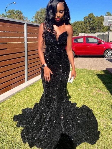 Noir Sirène Paillettes Velours Longue Robes de bal Pas Cher