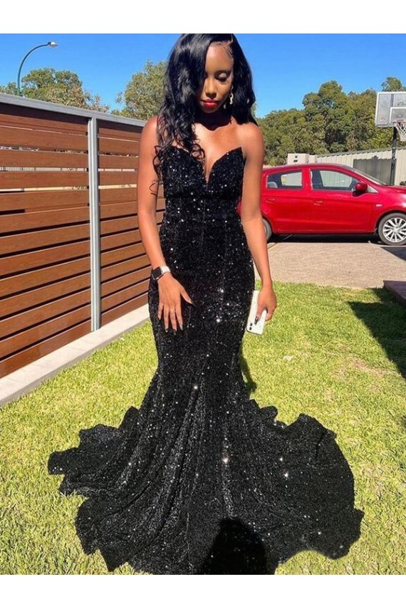 Noir Sirène Paillettes Velours Longue Robes de bal Pas Cher