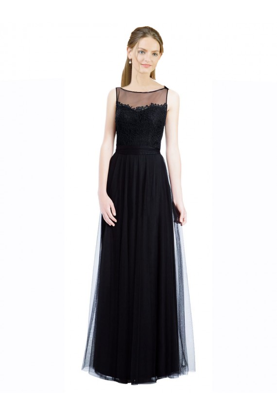 Noir Trapèze Bateau Illusion Tulle Dentelle Longue Robes demoiselle d'honneur Pas Cher