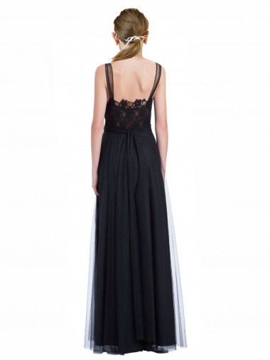 Noir Trapèze Bateau Illusion Tulle Dentelle Longue Robes demoiselle d'honneur