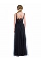 Noir Trapèze Bateau Illusion Tulle Dentelle Longue Robes demoiselle d'honneur Pas Cher