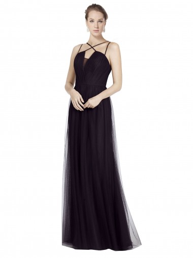Noir Trapèze Bretelles spaghetti Col Haut Tulle Longue Robes demoiselle d'honneur Pas Cher