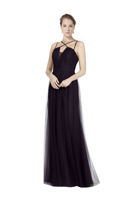 Noir Trapèze Bretelles spaghetti Col Haut Tulle Longue Robes demoiselle d'honneur Pas Cher