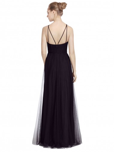 Noir Trapèze Bretelles spaghetti Col Haut Tulle Longue Robes demoiselle d'honneur