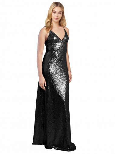 Noir Trapèze Bretelles spaghetti Col V Paillette Longue Formelles Robes demoiselle d'honneur / Robes de soirée / Robes de bal Pas Cher