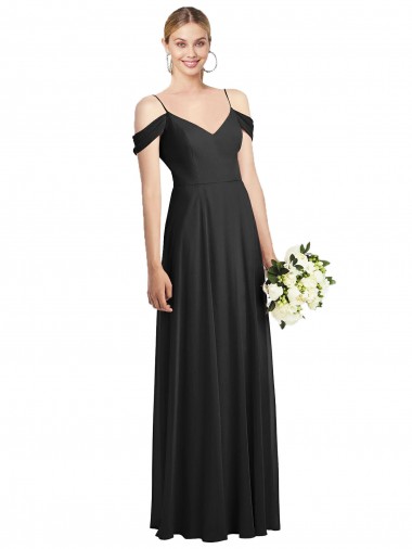 Noir Trapèze Bretelles spaghetti Mousseline Longue Robes demoiselle d'honneur Pas Cher