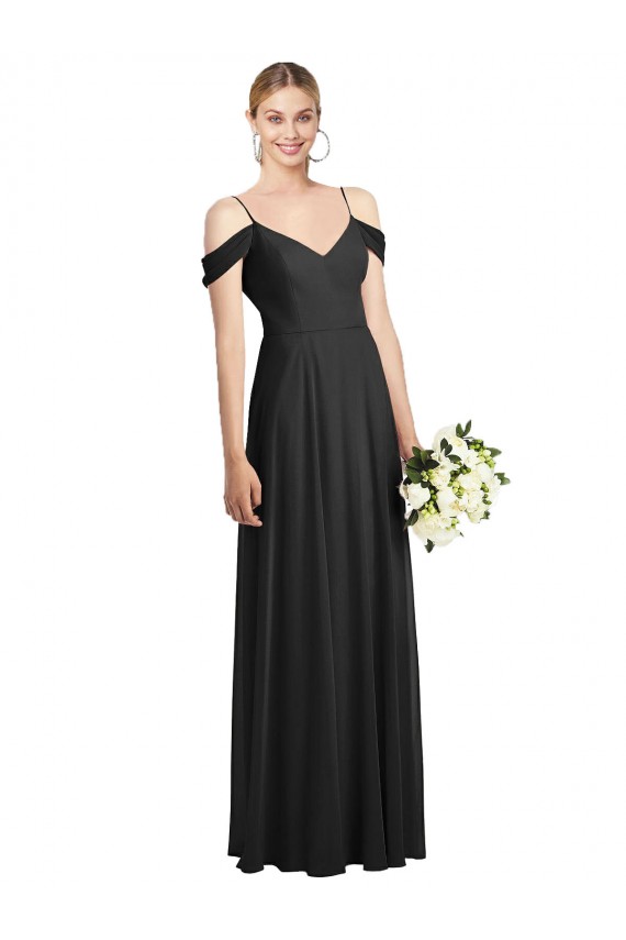Noir Trapèze Bretelles spaghetti Mousseline Longue Robes demoiselle d'honneur Pas Cher