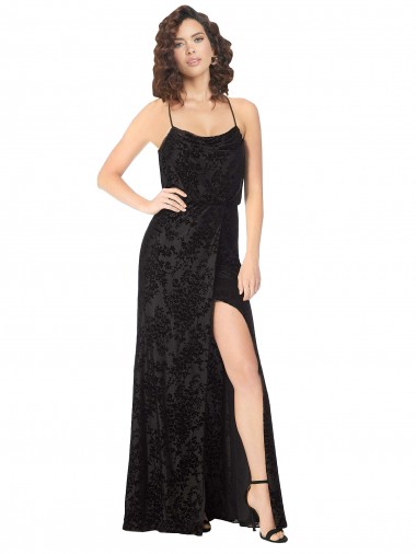 Noir Trapèze Bretelles spaghetti Velours Floral Velours Stretch Longue Robes demoiselle d'honneur Pas Cher