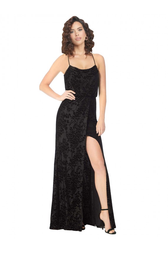 Noir Trapèze Bretelles spaghetti Velours Floral Velours Stretch Longue Robes demoiselle d'honneur Pas Cher
