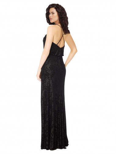 Noir Trapèze Bretelles spaghetti Velours Floral Velours Stretch Longue Robes demoiselle d'honneur