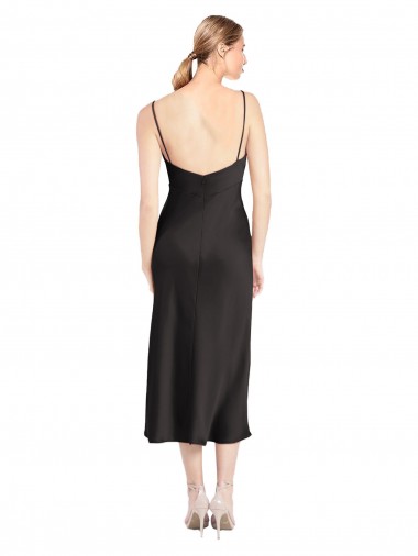 Noir Trapèze Bretelles spaghetti midi Satiné Stretch Courte Robes demoiselle d'honneur / Robes de soirée / Robes de cocktail