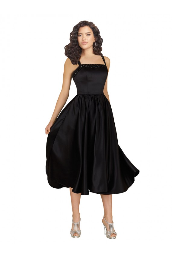 Noir Trapèze Col Carré Satiné Courte Robes demoiselle d'honneur / Robes de bal / Robes de cocktail Pas Cher
