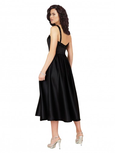Noir Trapèze Col Carré Satiné Courte Robes demoiselle d'honneur / Robes de bal / Robes de cocktail