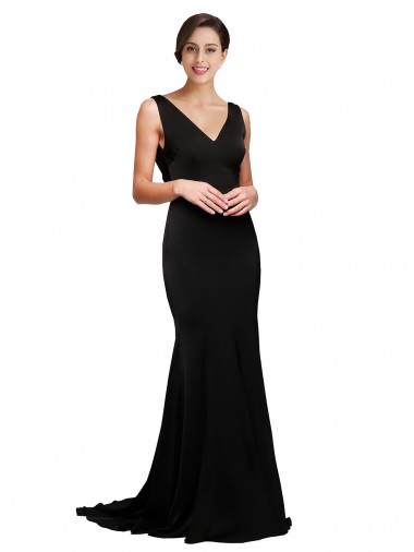 Noir Trapèze Col V Balayage train Satiné Soyeux Longue Formelles Robes demoiselle d'honneur / Robes de soirée / Robes de bal Pas Cher