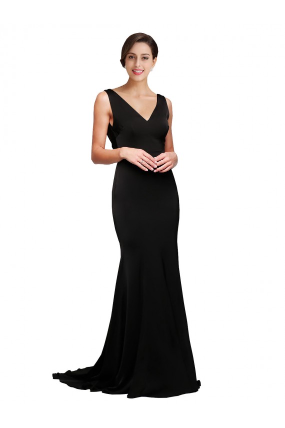 Noir Trapèze Col V Balayage train Satiné Soyeux Longue Formelles Robes demoiselle d'honneur / Robes de soirée / Robes de bal Pas Cher