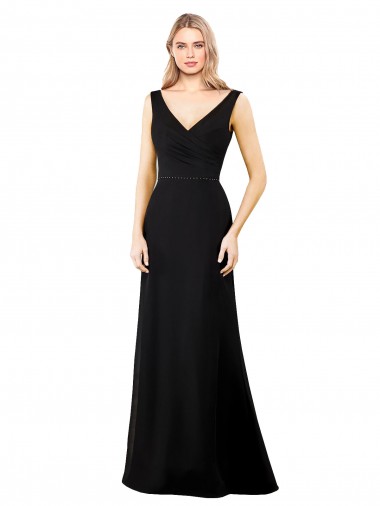 Noir Trapèze Col V Mousseline Longue Robes demoiselle d'honneur / Robes de bal Pas Cher