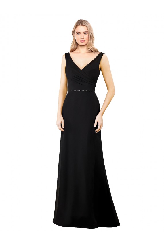 Noir Trapèze Col V Mousseline Longue Robes demoiselle d'honneur / Robes de bal Pas Cher