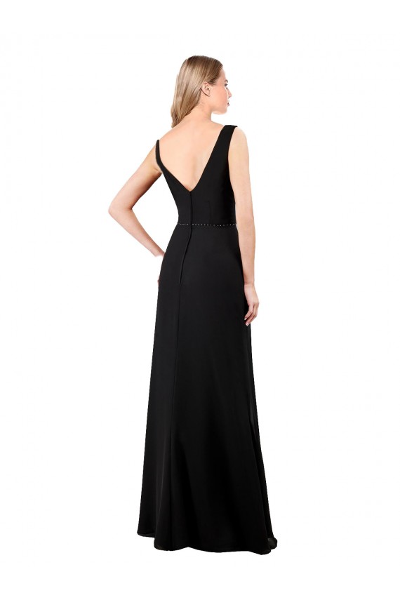 Noir Trapèze Col V Mousseline Longue Robes demoiselle d'honneur / Robes de bal Pas Cher