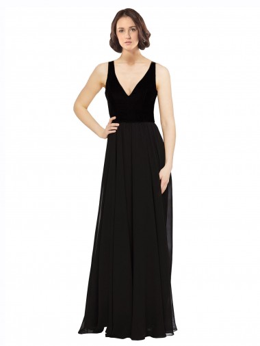 Noir Trapèze Col V Mousseline Velours Longue Robes demoiselle d'honneur / Robes de bal Pas Cher