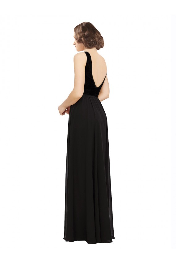 Noir Trapèze Col V Mousseline Velours Longue Robes demoiselle d'honneur / Robes de bal Pas Cher