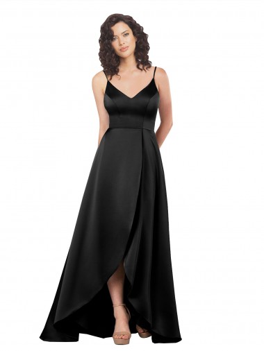 Noir Trapèze Col V Satiné Soyeux Longue Asymétrique Formelles Robes demoiselle d'honneur / Robes de soirée / Robes de bal Pas Cher