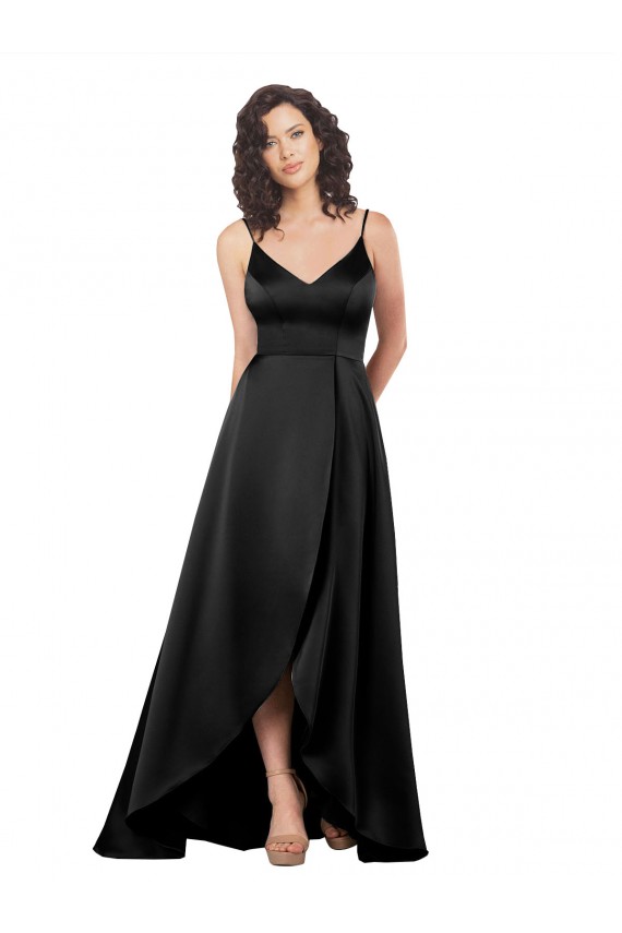 Noir Trapèze Col V Satiné Soyeux Longue Asymétrique Formelles Robes demoiselle d'honneur / Robes de soirée / Robes de bal Pas Cher