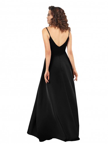Noir Trapèze Col V Satiné Soyeux Longue Asymétrique Formelles Robes demoiselle d'honneur / Robes de soirée / Robes de bal