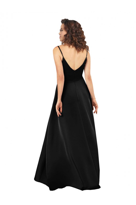 Noir Trapèze Col V Satiné Soyeux Longue Asymétrique Formelles Robes demoiselle d'honneur / Robes de soirée / Robes de bal Pas Cher