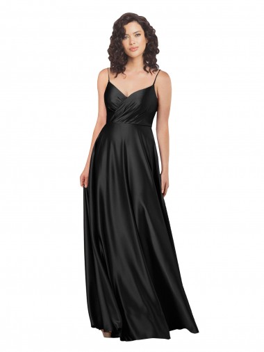 Noir Trapèze Col V Satiné Soyeux Longue Formelles Robes demoiselle d'honneur / Robes de soirée / Robes de bal Pas Cher