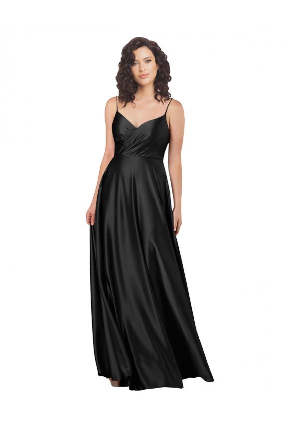Noir Trapèze Col V Satiné Soyeux Longue Formelles Robes demoiselle d'honneur / Robes de soirée / Robes de bal Pas Cher